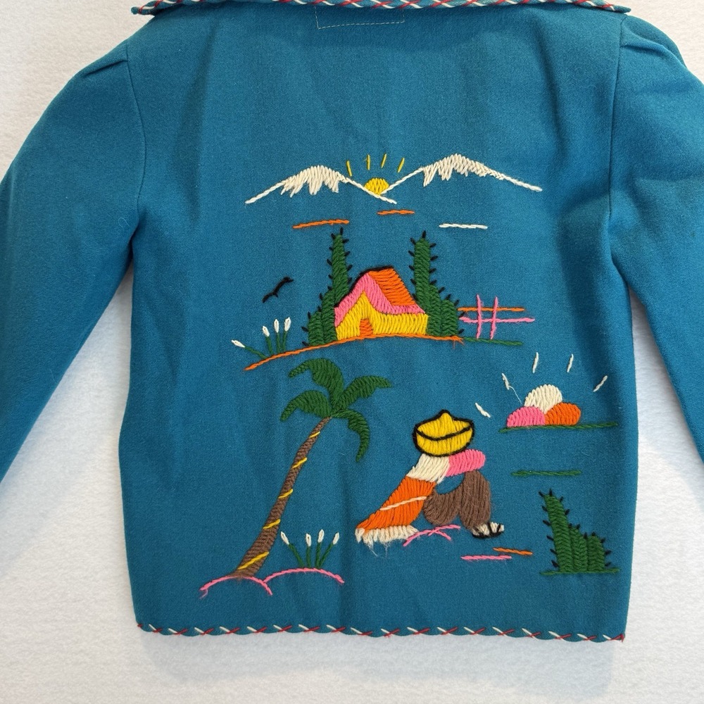 Vintage Azteca Mexican Wool‎ Souvenir Jacket Turquoise Hand Embroidered Folk Art - Picture 9 of 16